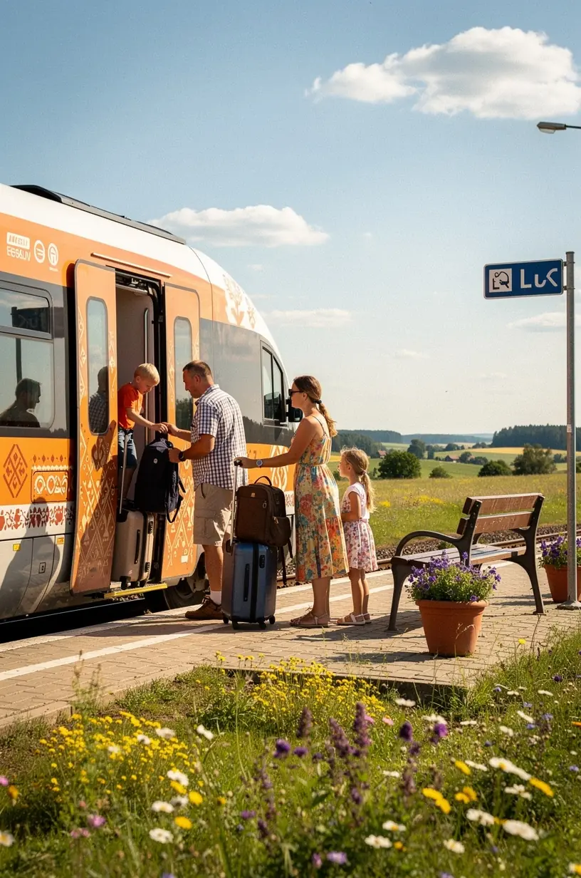 Skats uz lauku ainavu caur autobusa logu, izceļot pieejamību un savienojamību sabiedriskajā transportā Latvijā.